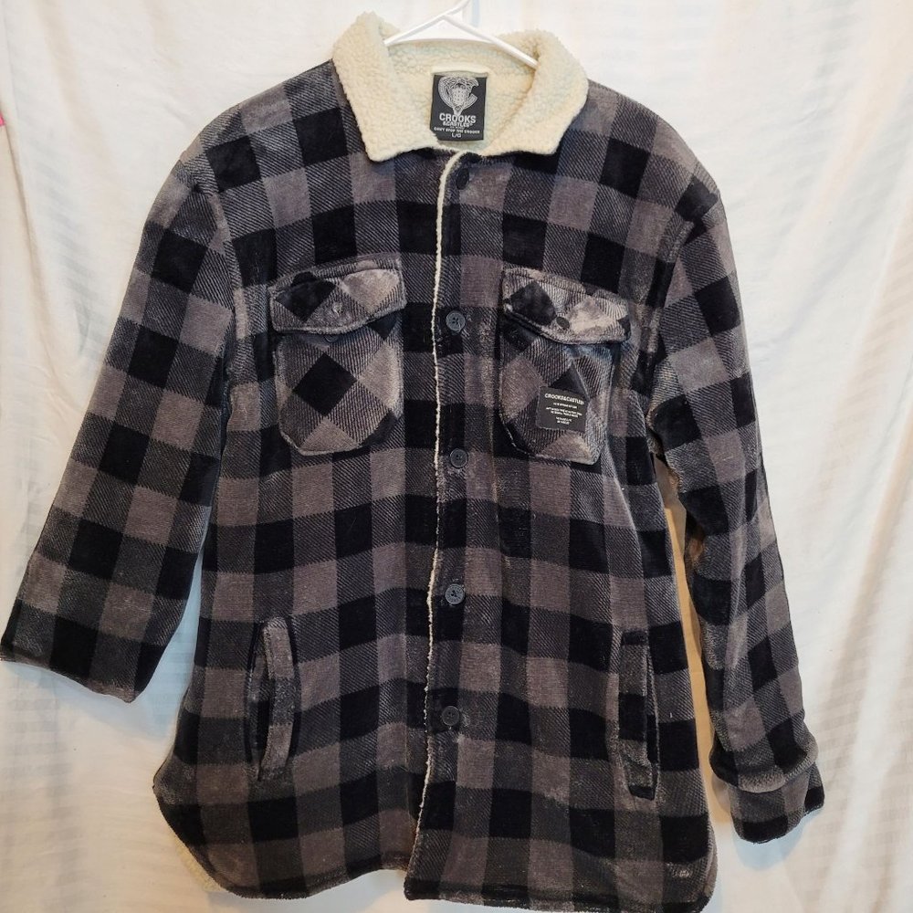 Crooks and Castles Fleece Plaid Button Up Jacket Coat Sz Large Black Gray White